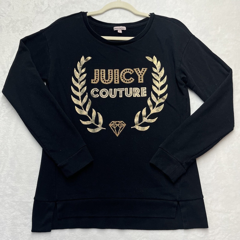 Juicy Couture Black Sweatshirt Crew Neck Womens Medium Gold Diamond Long Sleeve